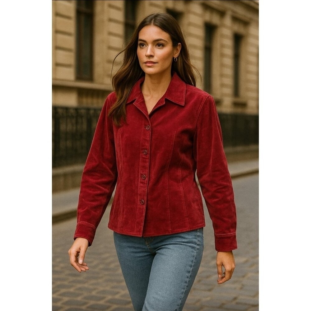 Ashley Stewart Real Leather Jacket Women’s Size 14 Red Suede Button Front Coat